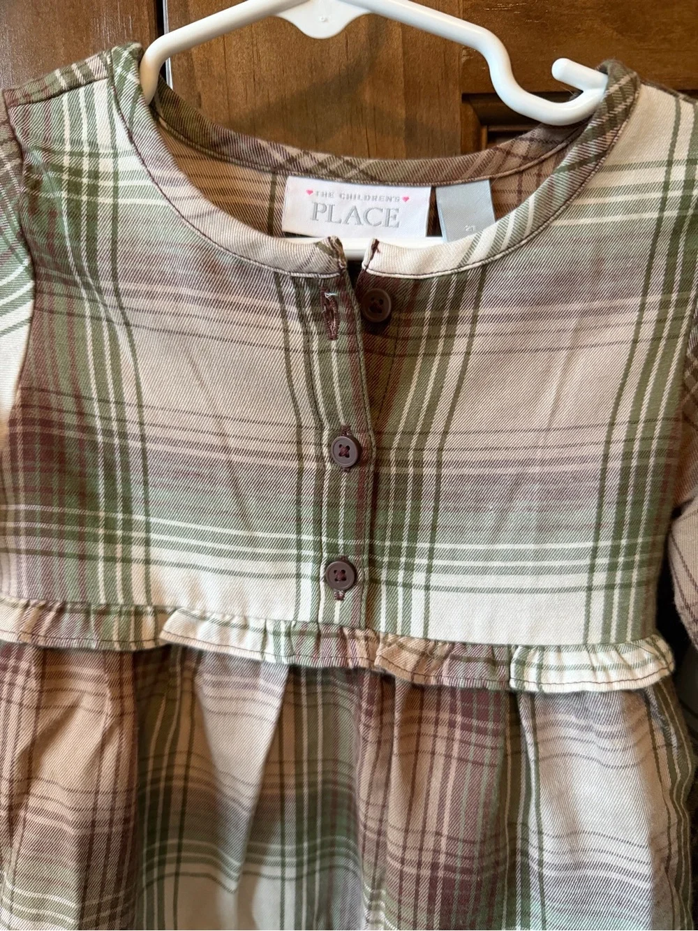 The Children's Place Girls Green Plaid Flannel Tiered Ruffle Shirt Dress, Sz 2T